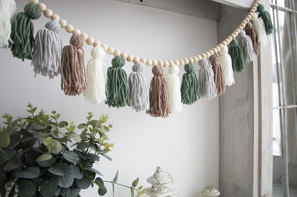 Boho Tassel Garland with Wood Beads - Olive Green Wall Decor