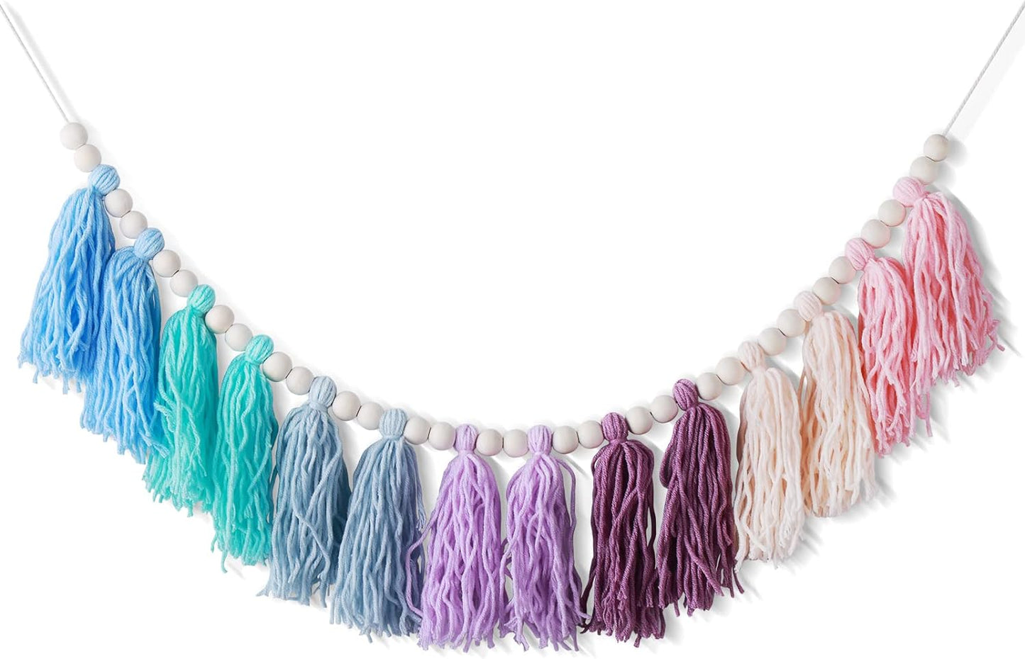 Rainbow Tassel Garland with Wood Beads - Boho Wall Decor