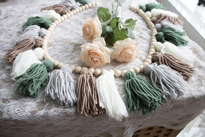 Boho Tassel Garland with Wood Beads - Olive Green Wall Decor