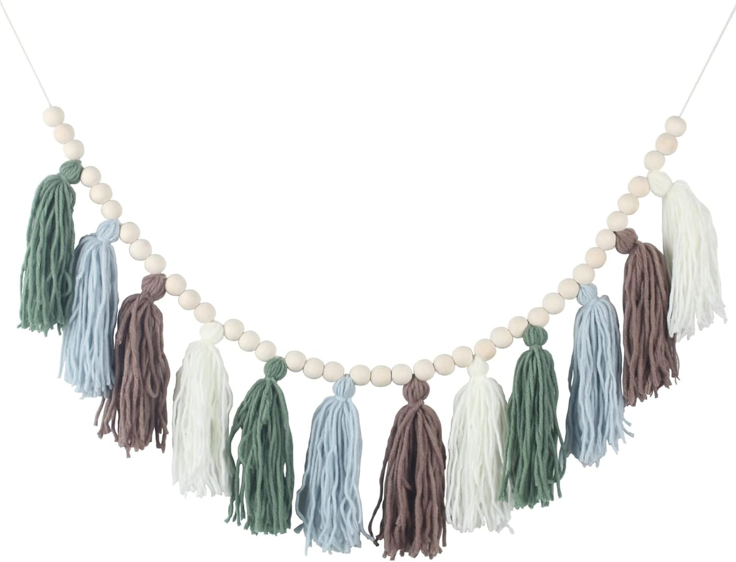 Rainbow Tassel Garland with Wood Beads - Boho Wall Decor