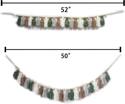 Boho Tassel Garland with Wood Beads - Olive Green Wall Decor