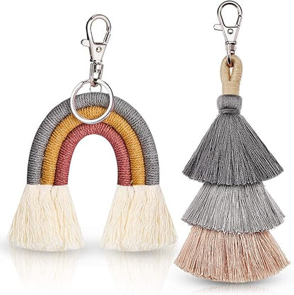 Boho Rainbow Keychains Pom Pom Tassel Macrame Set For Women