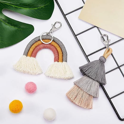 Boho Rainbow Keychains Pom Pom Tassel Macrame Set For Women