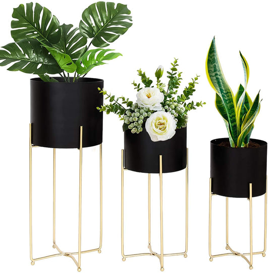 Set of 3 Modern Mid Century Planters with Metal Stands