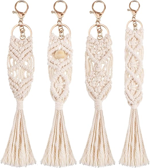 Mini Macrame Boho Keychains with Tassels - Set of 4, Beige