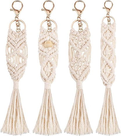 Mini Macrame Boho Keychains with Tassels - Set of 4, Beige