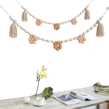 Boho Daisy Tassel Garland with Wooden Beads - 2 Pcs, 40 Inch