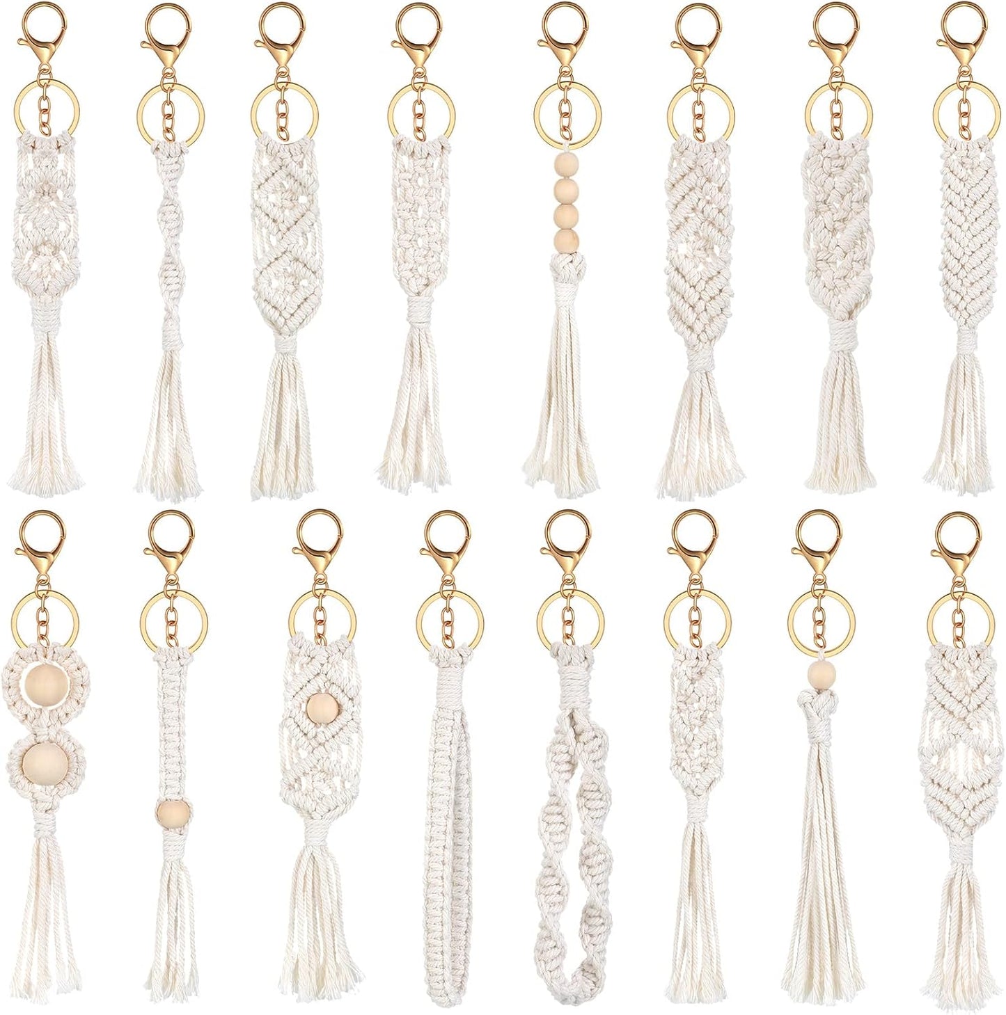 16 Pack Mini Macrame Keychains Boho Tassel Keychains for Women