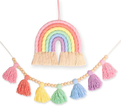 Boho Rainbow Wall Decor & Tassel Garland with Wood Beads