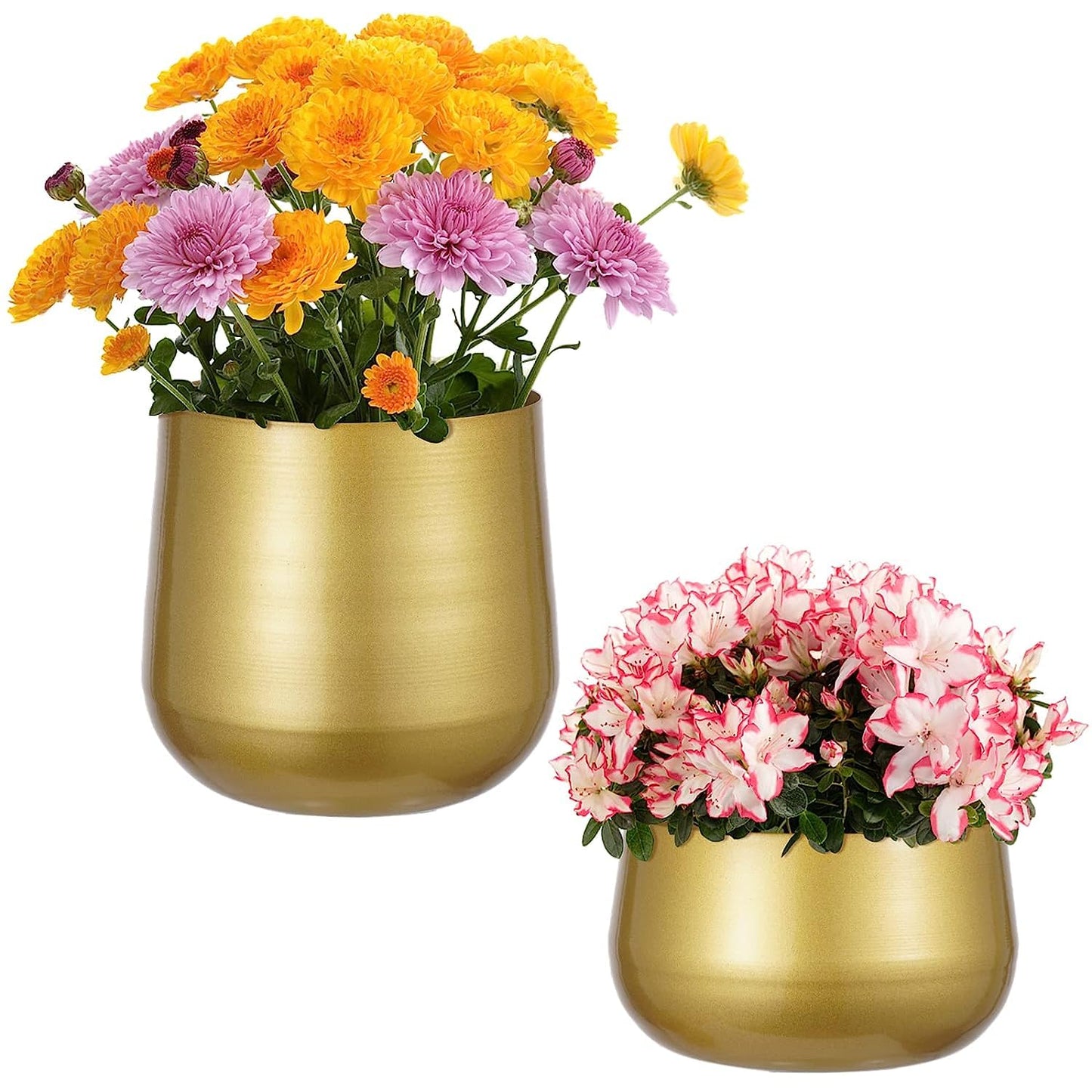 Set of 2 Gold Metal Flower Pots, Brass-Toned Indoor Planters with Drainage