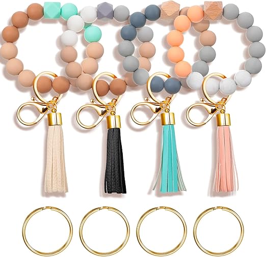 4-Piece Silicone Key Ring Bracelet with Leather Tassel