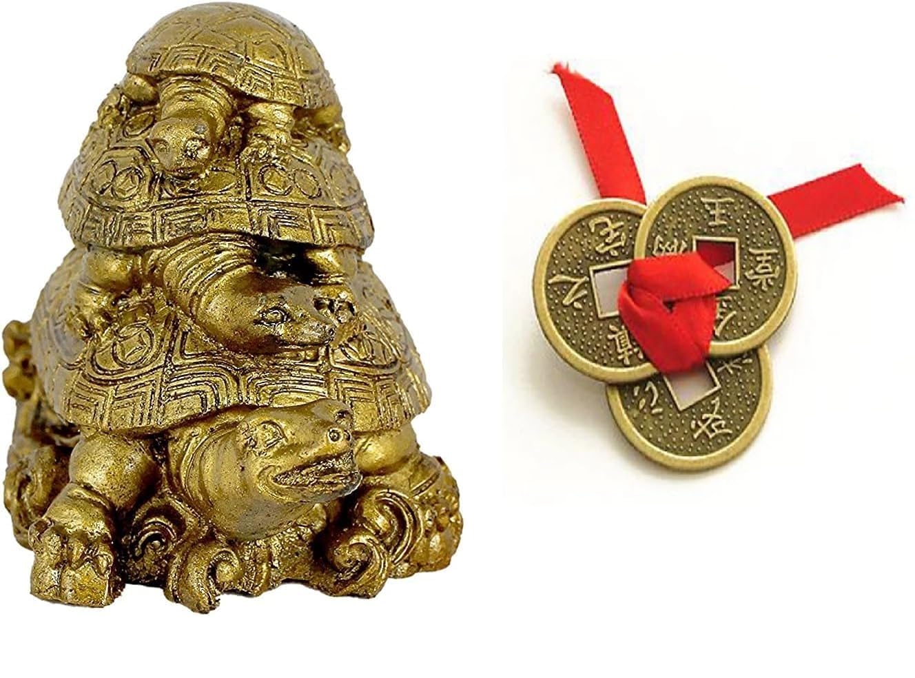 Feng Shui Triple Tortoise & Coin Combo for Protection, Luck, Wealth