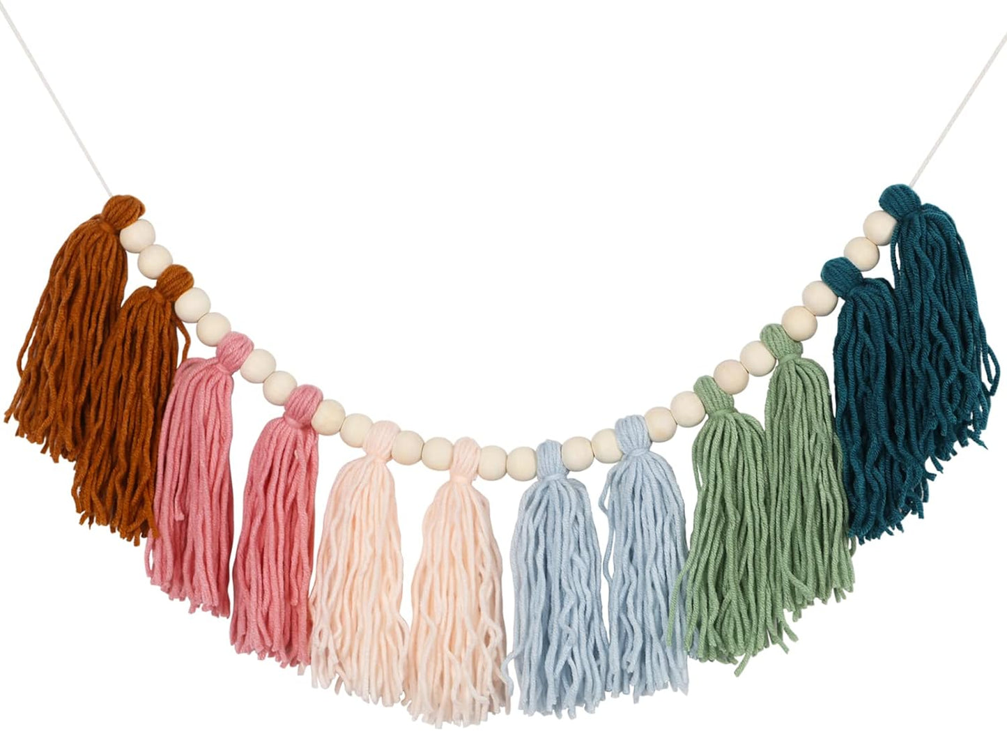 Rainbow Tassel Garland with Wood Beads - Boho Wall Decor