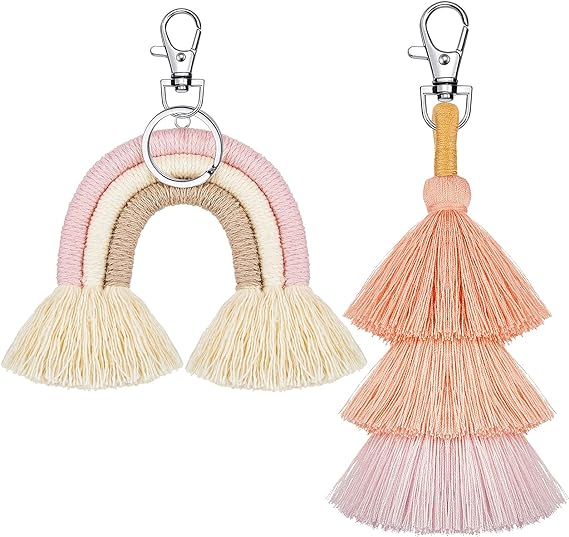 Boho Rainbow Keychains Pom Pom Tassel Macrame Set For Women