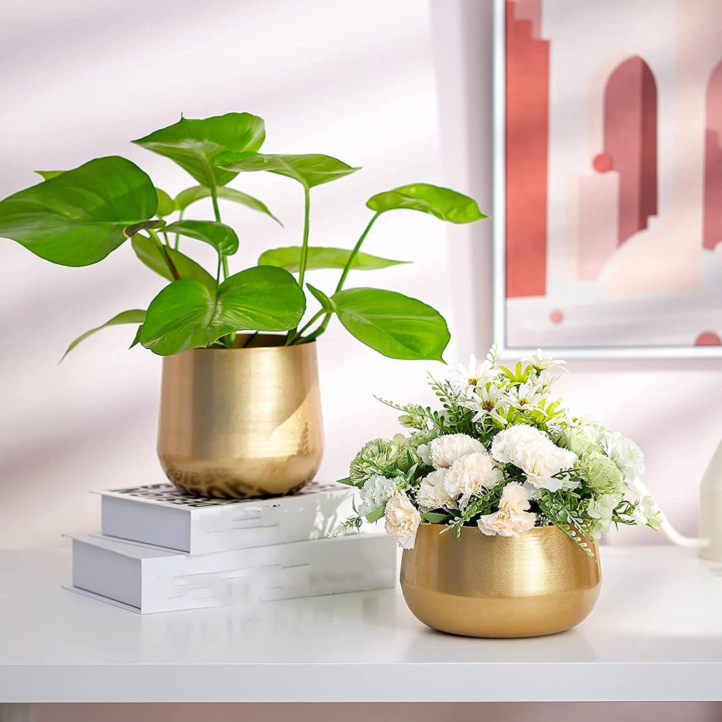 Set of 2 Gold Metal Flower Pots, Brass-Toned Indoor Planters with Drainage