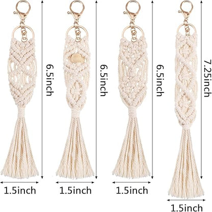 Mini Macrame Boho Keychains with Tassels - Set of 4, Beige