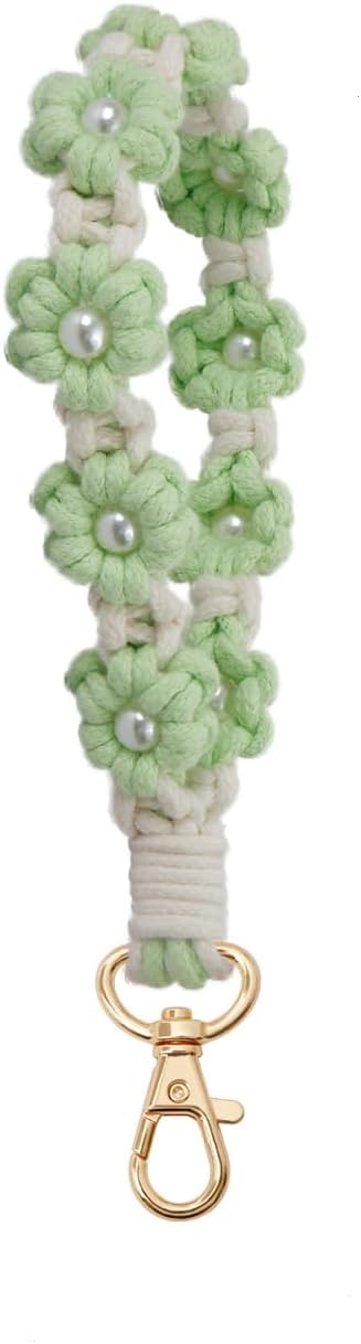 Cute Green Macrame Keychain - Boho Flower Wristlet for Women