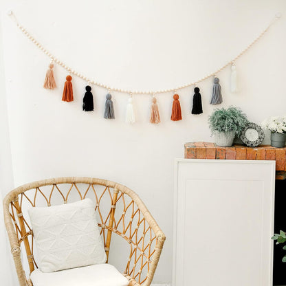 Tassel Garland with Wood Bead, Boho Macrame Wall Hanging Decor