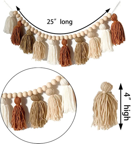 Boho Yarn Tassel Garland with Wood Beads For Home Decoration