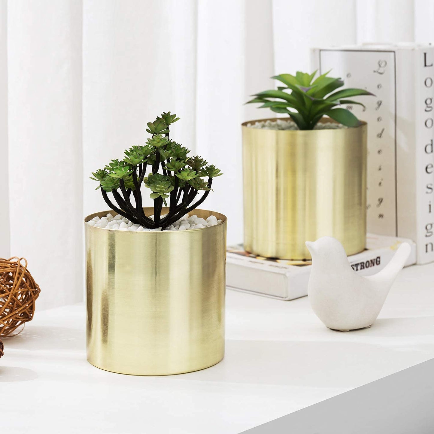 Set of 2 Brass Tone Metal Plant Pots - Modern Indoor Decor