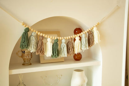 Boho Tassel Garland with Wood Beads - Olive Green Wall Decor