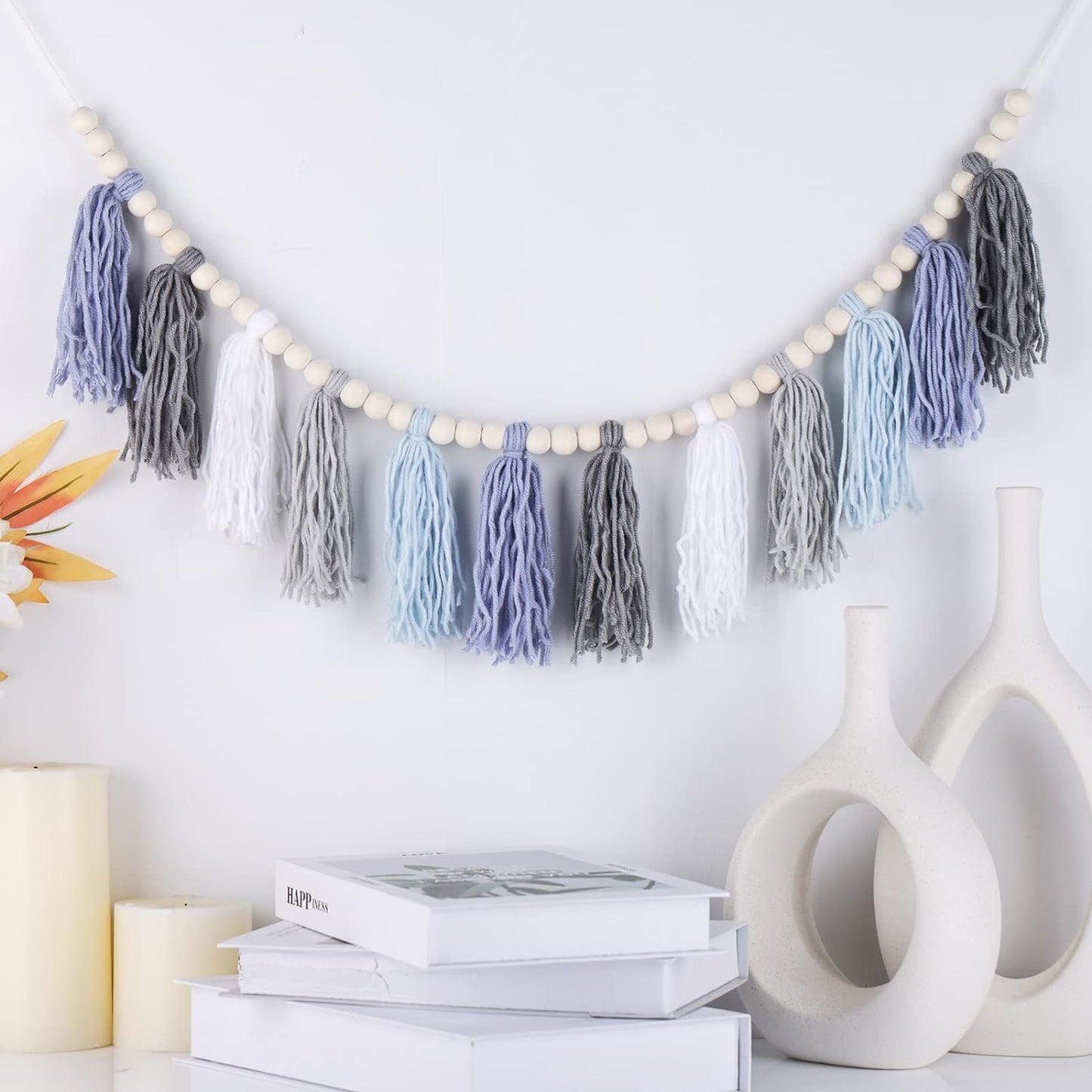 Rainbow Tassel Garland with Wood Beads - Boho Wall Decor