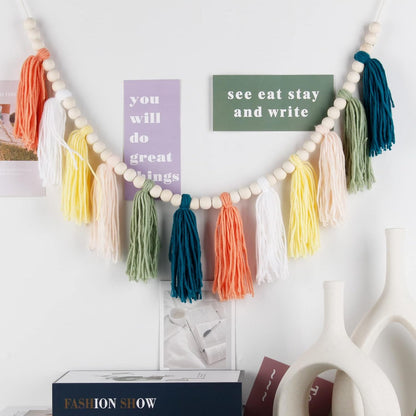 Rainbow Tassel Garland with Wood Beads - Boho Wall Decor