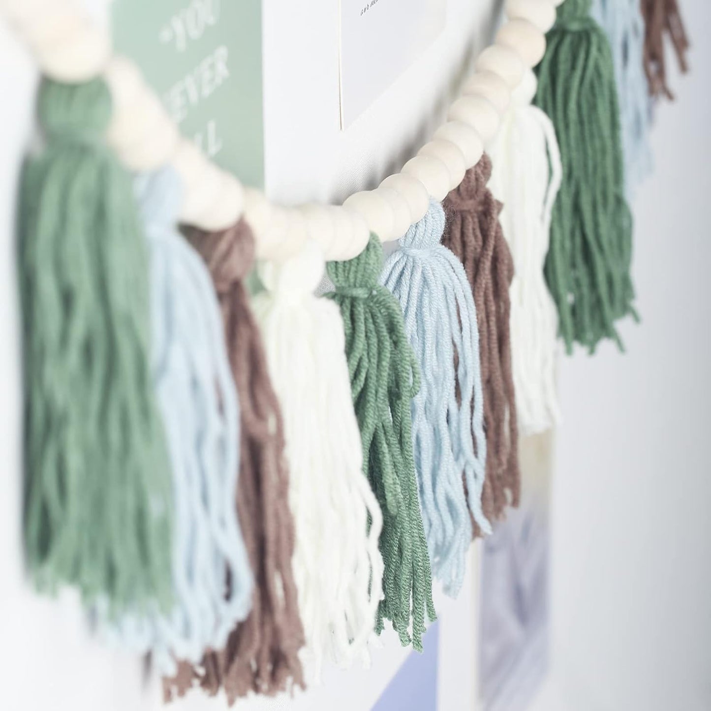 Rainbow Tassel Garland with Wood Beads - Boho Wall Decor