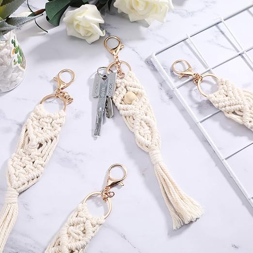 Mini Macrame Boho Keychains with Tassels - Set of 4, Beige