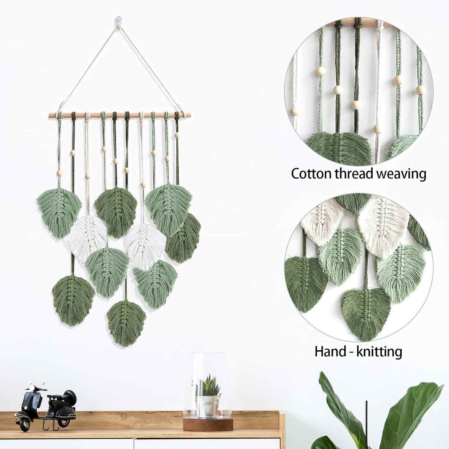 Green Boho Style Wall Hanging Decor Leaves Handwoven Wall Decor 15.8inch