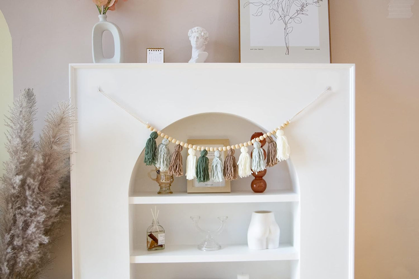 Boho Tassel Garland with Wood Beads - Olive Green Wall Decor