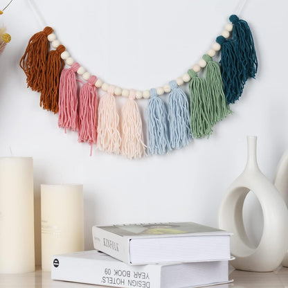 Rainbow Tassel Garland with Wood Beads - Boho Wall Decor