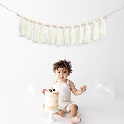 White Yarn Tassel Banner - Boho Decor & Party Supplies