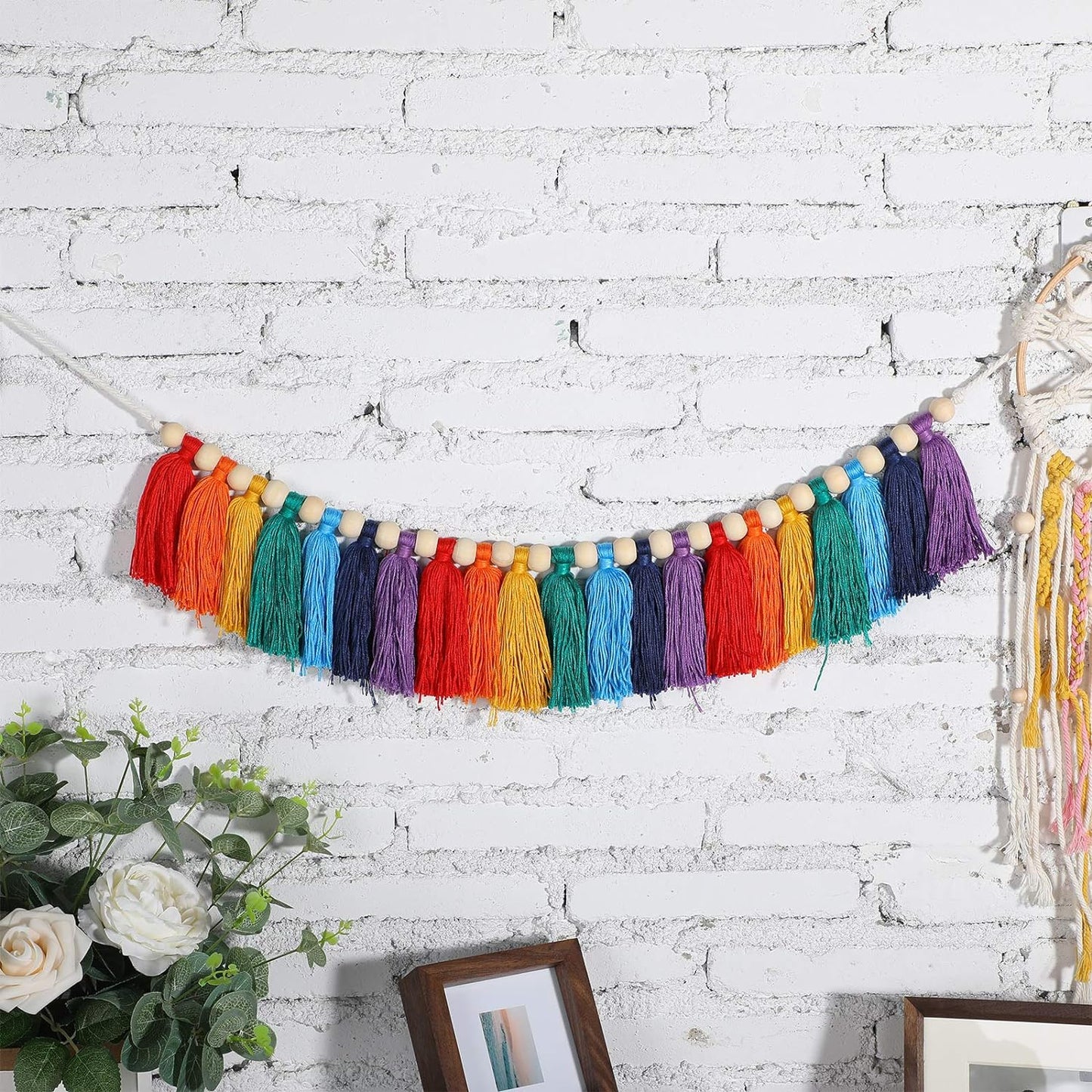 Boho Wood Bead Tassel Garland For Home Decor