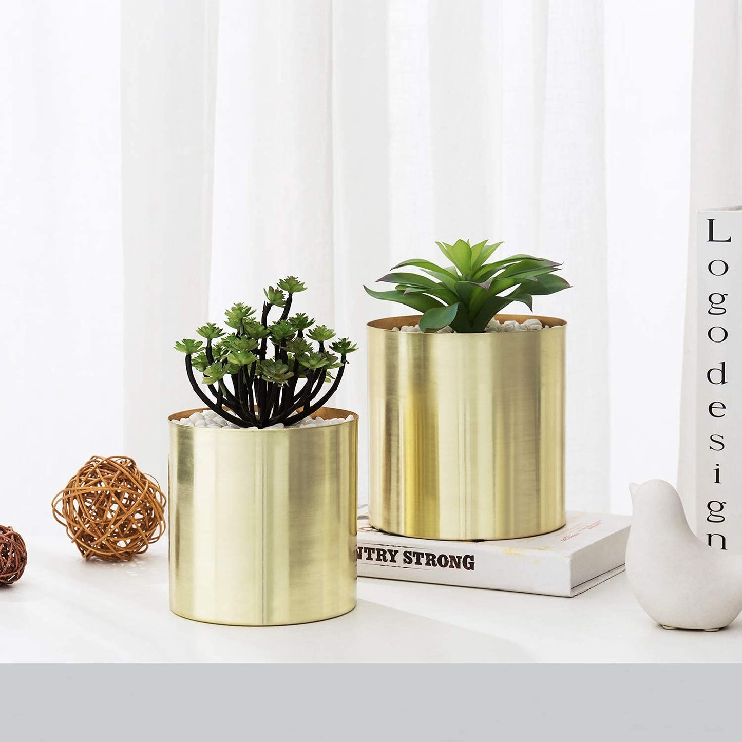 Set of 2 Brass Tone Metal Plant Pots - Modern Indoor Decor