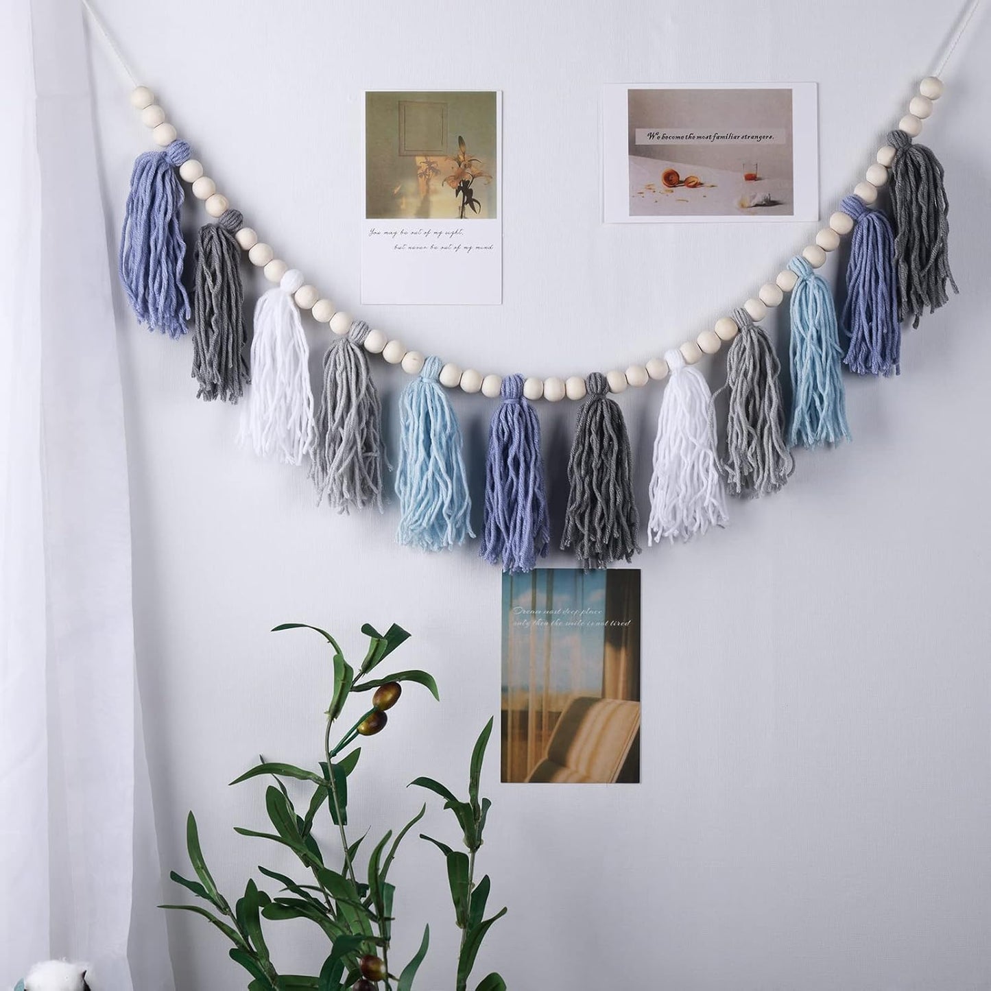 Rainbow Tassel Garland with Wood Beads - Boho Wall Decor