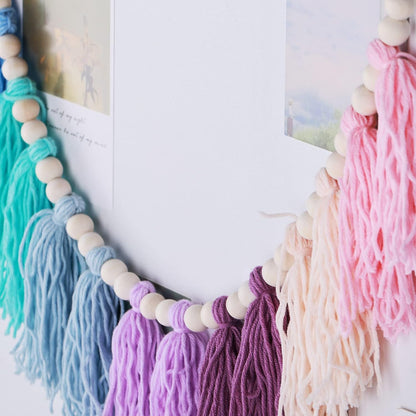 Rainbow Tassel Garland with Wood Beads - Boho Wall Decor