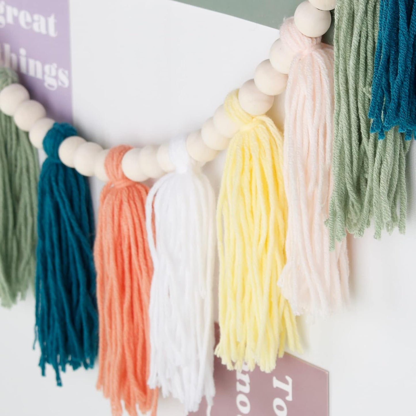 Rainbow Tassel Garland with Wood Beads - Boho Wall Decor