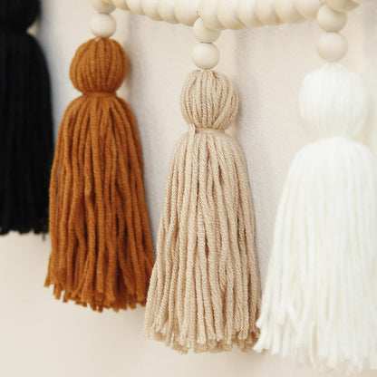 Tassel Garland with Wood Bead, Boho Macrame Wall Hanging Decor