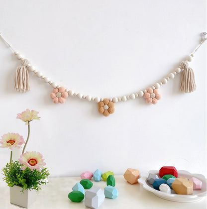 Boho Daisy Tassel Garland with Wooden Beads - 2 Pcs, 40 Inch