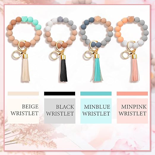 4-Piece Silicone Key Ring Bracelet with Leather Tassel