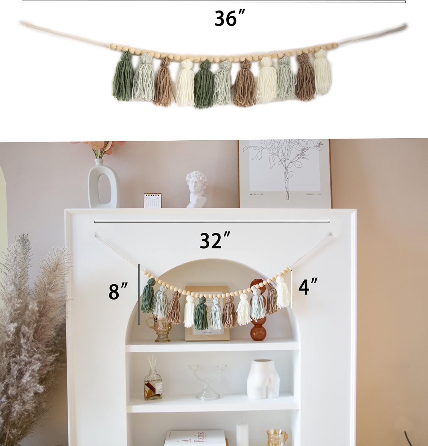 Boho Tassel Garland with Wood Beads - Olive Green Wall Decor