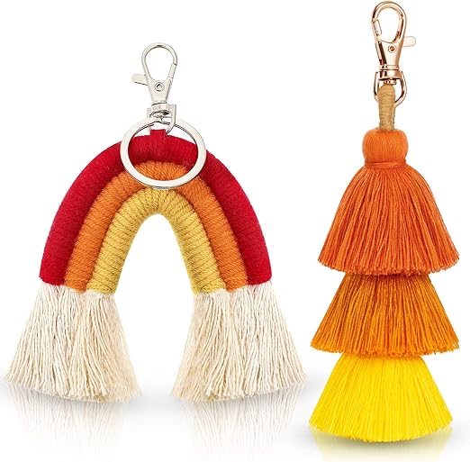 Boho Rainbow Keychains Pom Pom Tassel Macrame Set For Women