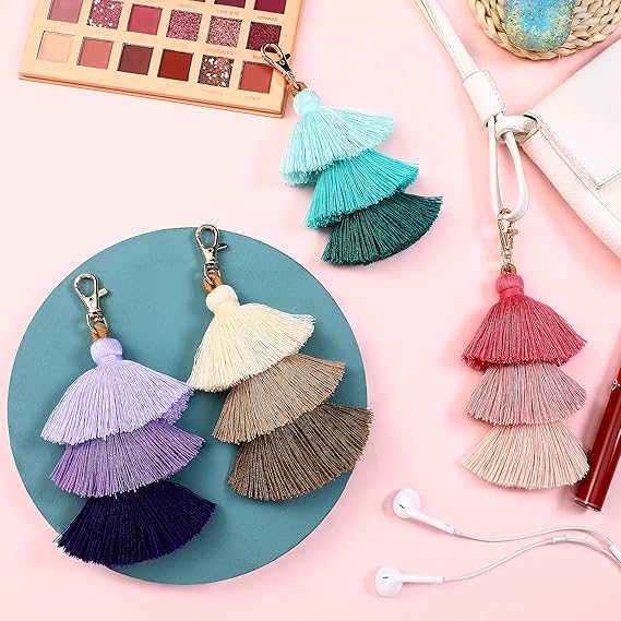 4 Pieces Pom Pom Tassel Keychain - Boho Backpack and Bag Charms