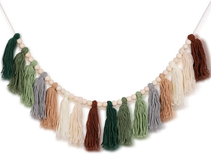 Rainbow Tassel Garland with Wood Beads - Boho Wall Decor