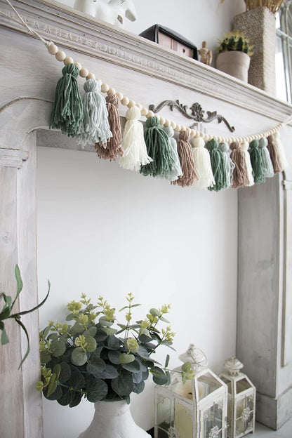 Boho Tassel Garland with Wood Beads - Olive Green Wall Decor