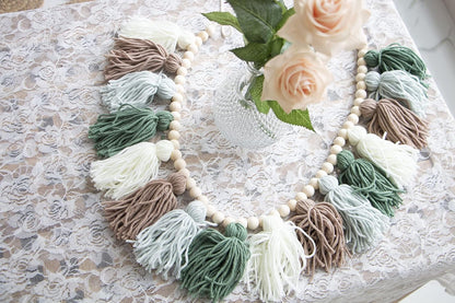 Boho Tassel Garland with Wood Beads - Olive Green Wall Decor