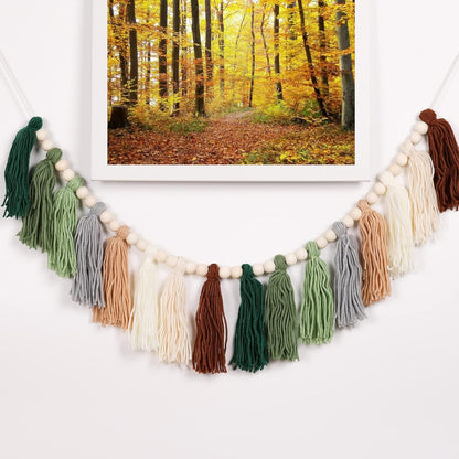 Rainbow Tassel Garland with Wood Beads - Boho Wall Decor