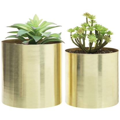 Set of 2 Brass Tone Metal Plant Pots - Modern Indoor Decor