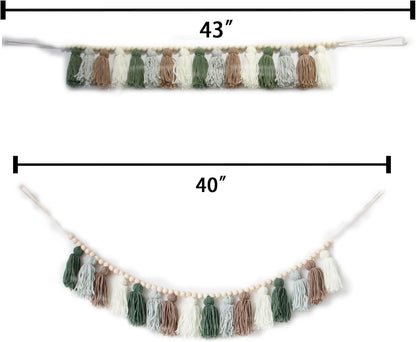 Boho Tassel Garland with Wood Beads - Olive Green Wall Decor